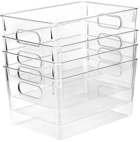 QWORK® 4 Pack Plastic Storage Bins for Kitchen and Pantry Organization - 11.4” x 8.1” x 2.4” - Clear, Stackable Storage Solution