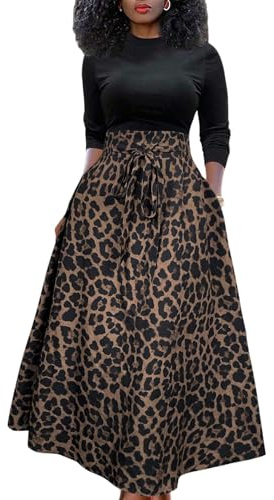 SOLY HUX Damen Leoparden Rock Elegant Freizeitrock Lang A Linie Maxirock Hohe Elastische Bund Partyrock Herbst Casualrock mit Knoten Leoparden L