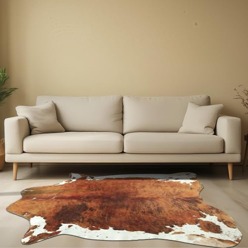 ZOETOOL Premium-Teppich aus Kunst Rindsleder, 1.6 x 1.9 m Kuhfell-Print-Teppich, weiches Kunstfell, waschbar, großes rustikales Western-Dekor für Wohnzimmer, Esszimmer