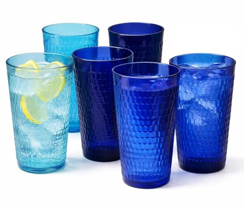 UNIQUE HOME LIVING Set of 6 Acrylic Tumblers, 600ml Reusable Drinking Tumbler Glasses for Water Juice Tea Cocktail, BPA-Free, Stackable Plastic Cups, Honeycomb Design - Shades of Blue