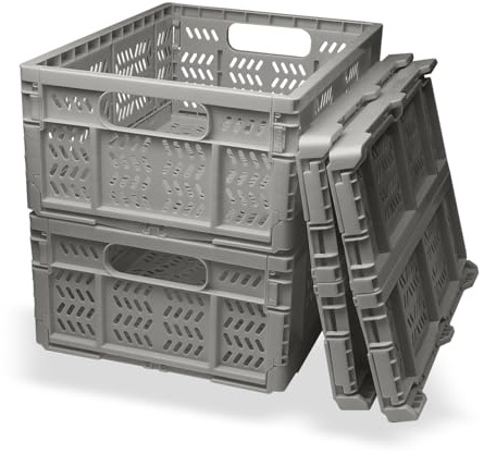 KINGSUSLAY 4 Pack Plastic Storage Crates, 20L Home&Office Storage Box, Foldable Storage Basket Bins for Foods,Fruits, Vegetables, Snacks, Toys, Christmas gifts,Pantry Crates Basket (Grey)