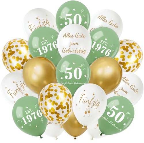Smlper 30 Stück Luftballons Deko 50. Geburtstag,50er Deko Mann Frauen,Luftballons Salbeigrüne Gold, Happy Birthday Latex Ballons,Alles Gute zum Geburtstag Geburtstagsdeko, Konfetti Ballon Party