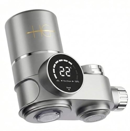 HG Wasserhahn Wasserfilter mit LED Display – Wasserhahnfiltersystem mit doppeltem Wassermodus – Mehrschichtfiltersystem – Inklusive 6 Adaptern – Grau/Silber