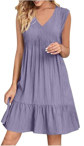 Summer Dresses for Women UK Sleeveless Sexy V Neck Ruched Pleated Ruffle Dress Ladies Loose Baggy Solid Plain Sundress High Waisted Tunic Above The Knee Swing Summer Beach Vacation Outfits