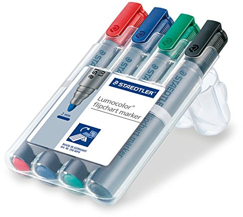 STAEDTLER 356 WP4 Flipchart-Marker Lumocolor, nachfüllbar, aufstellbare Box mit 4 Farben, Rundspitze (5er Pack)