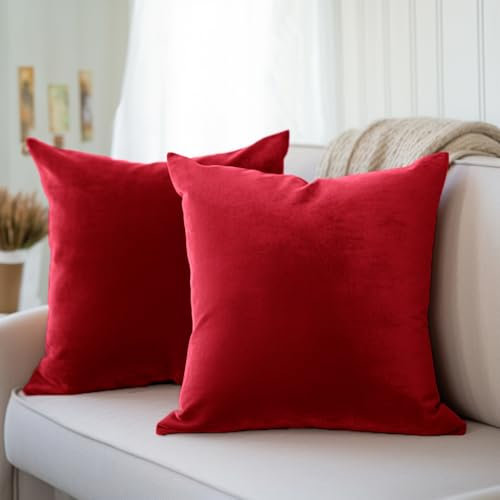 Encasa XO Kissenbezüge aus Samt - 2er-Set (50x50 cm) - Red- Uni gefärbt, weich & glatt, waschbar, quadratisch, großer Wurfkissenbezug für Couch, Sofa, Stuhl, Bett und Wohnbereich