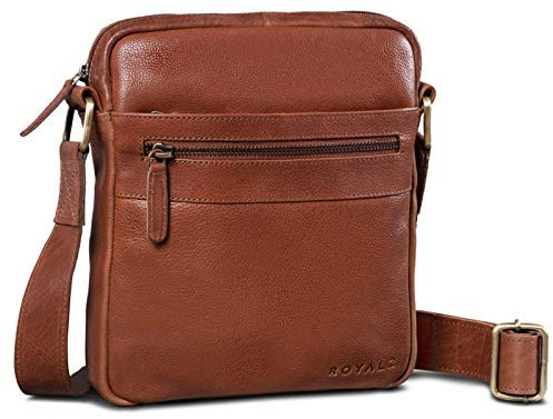 ROYALZ 'Trenton' Kompakte Herren Umhängetasche Leder Klein - Alltagstasche im stilvollen Vintage Design Seitentasche Männer-Tasche Schultertasche Ledertasche zum Umhängen, Farbe:Texas Braun