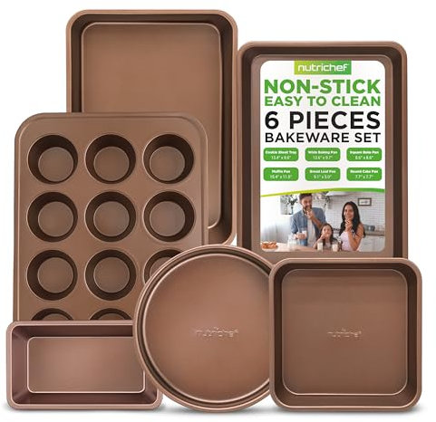 NutriChef Ensemble Ustensiles de Cuisine de Cuisson Antiadhésifs 6 Pièces, Moules à Cuisson en Acier au Carbone, Inclut Plaques à Biscuits, Moule Rectangulaire et Carré, Moule à Pain