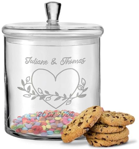 GRAVURZEILE Leonardo Keksglas mit Gravur - Keksdose Bonbonglas mit Deckel - Vorratsdose personalisiert mit Namen & Datum - Geschenk für Paare, zur Hochzeit als Geldgeschenk Farbe Herzenssache