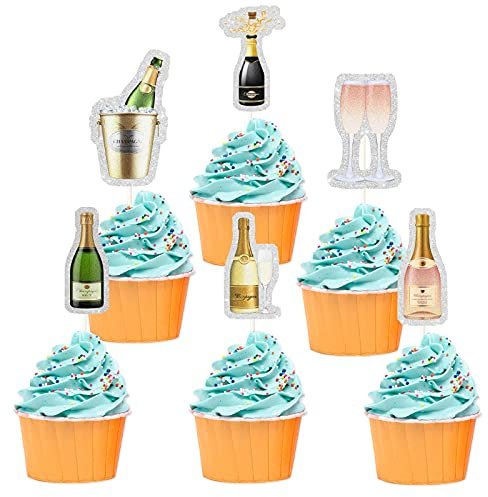 NW 18pcs Champagne Cupcake Topper, Cheers and Beers, 21st Birthday, Bachelorette Party, Yellow (Metallic/Shimmering) Glitter