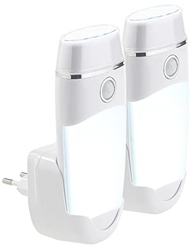 Lunartec Steckdosenlicht: 2er-Set 4in1-Multifunktions-Leuchten & Nachtlicht mit Akku (Notleuchte, Steckerleuchte, Batterieleuchte mit Bewegungsmelder)