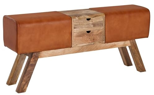 FineBuy Design Turnbock Sitzbank Braun mit Schubladen 120x56x30 cm, Turnhocker Bank aus Echtleder mit Stauraum, Hocker Garderobenbank Sitzhocker Springbock Turnbank