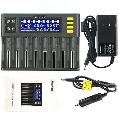 icover Chargeurs de Piles 18650, LiitoKala Chargeur Batterie Écran LCD 8 Baies pour Charge Rapide Li-ION Rechargeable (IMR/ICR) LiFePO4 Ni-MH/CD AA AAA C 21700 26650 18350 14500 RCR123 & 9V Batteries