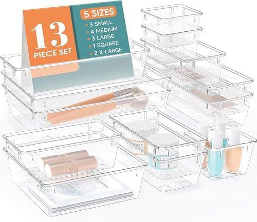 WOWBOX 13 PCS Clear Plastic Drawer Organizer Set, 5 Sizes Desk Drawer Divider Organizers and Storage Bins for Makeup, Jewelry, Gadgets for Kitchen, Bedroom, Bathroom, Office