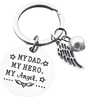 Beydodo Schlüsselbund Ring Edelstahl, Schlüsselanhänger Frauen Männer Edelstahl Flügel Perle und Dog Tag mit Gravur My dad My Hero My Angle Rund mit Gravur 30 MM