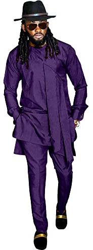 SEA&ALP Herrenmode Kleidung afrikanisches Hemd und Hose Dashiki Langarm Casual Outfits Bluse Taschen, Violett, Medium