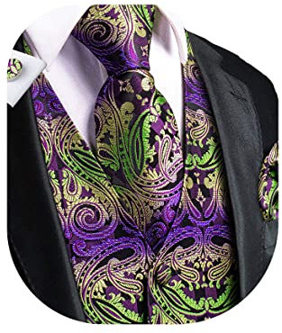 Dubulle Herren Paisley-Krawatte und Weste, Set mit Einstecktuch, Manschettenknöpfen, Weste, Anzug für Smoking, Violett, Grün, M