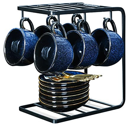 vicrays Ceramic Espresso Coffee Cups Set 4 oz Porcelain Espresso Cups with Saucers Spoons and Metal Stand for Tea Cafe Cappuccino Latte - Set of 6 - Blue