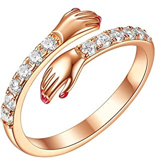QKEPCY 925 Sterling Silber Umarmungsring Verstellbarer Paar Umarmungsring Kristall Ring Romantischer Love Hugging Hands Ring Silber Geben Sie Mir Eine Umarmung Hand Offene Ring (Roségold)