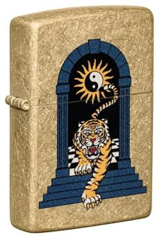 Zippo Sturmfeuerzeug - Tiger Tattoo Design - Tumbled Brass mit Color Image - Nachfüllbar - Wiederverwendbar - Windfestes Design - Geschenkbox - Made in USA