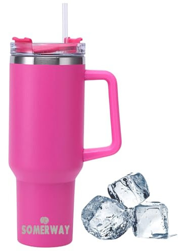 Somerway 1182ml 40oz Kaffeebecher to Go, Doppelwandiger Edelstahl Vakuum Isolierbecher mit Griff und Stroh, Tragbare Autobecher Becher Tumbler Thermobecher Kaffeetasse für Heißer und Kalter Getränke