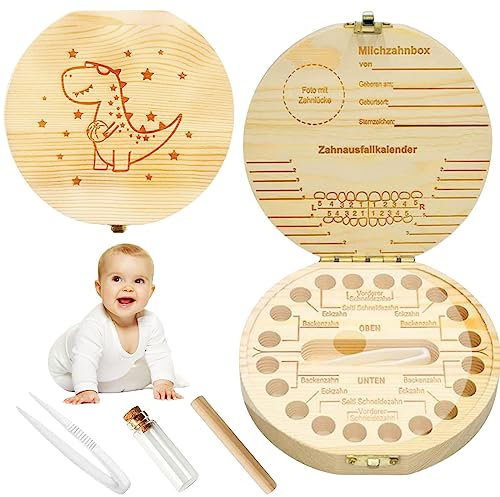 TECHEEL Zahnbox aus Holz Dinosaurier Zahnschachtel Zahnbox für Milchzähne Milchzahndose Aufbewahrungsbox für Baby-Zähne Milchzähne Box Milchzahndose Souvenir Box- Dinosaurier