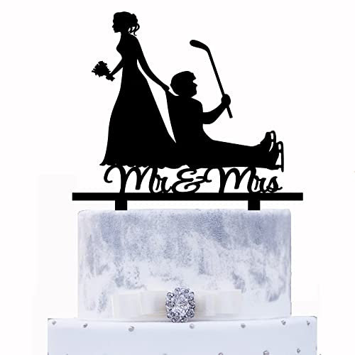 Lustiger Eishockey-Hochzeitstortenaufsatz – Puckspieler Hockeyschläger Hochzeitstortendekoration – Mr & Mrs. Kuchendekoration, Eishockey-Sport, Thema, Hochzeit/Brautparty/Jubiläums-Partyzubehör
