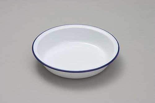 Premium Quality Traditional Enamel White Blue Trim Rice Plate, Pasta Plate, Bowl, Dinner Plate, Round Pie Plate, Soup Plate, Mixing Bowl, Deep Dish Tableware Crockery (Round Pie Dish 14cm)