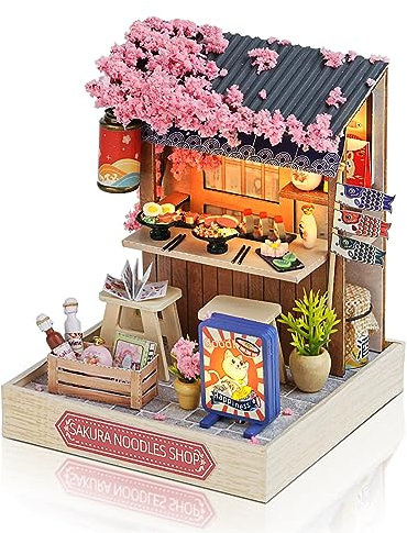 Cuteefun DIY Puppenhaus Miniatur mit Werkzeugen Bastelset, Miniatur Puppenhaus zum Selber Bauen, Kleine Deko Puppen Haus Kit für Geburtstag Weihnachten (Sakura Nudeln Shop)