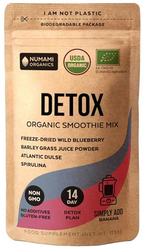 Numami Organic Detox Blueberry Smoothie Mix with Healthy Spirulina, Atlantic Dulse and Barley Grass Juice Powder, Premium Quality Superfood