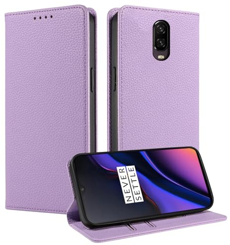 FERLAN Hülle für OnePlus 6T Schutzhülle [Litschi Leder][Kartenfach][Magnet][Standfunktion][RFID-Sperre],Handyhülle Ledertasche Kompatibel mit OnePlus 6T - Lila