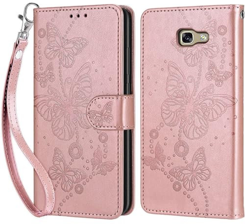 Handyhülle für Samsung Galaxy A5 2017 Hülle, Samsung A5 2017 Hülle, Premium Leder Flip Klappbare Stoßfeste Magnetische [Standfunktion] [Kartenfächern] Schutzhülle Tasche - Roségold Schmetterling