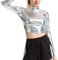 Freebily Damen Metallic T-Shirt Langarm Glänzend Metallisch Oberteil Cropped Shirt Bauchfrei Glitzer Karneval Party Fest Top Gogo Clubwear Silber_A S