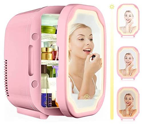 OBong Mini Fridge 8 Liter AC/DC Portable Beauty Fridge lectric Cooler And Warmer Mini Refrigerator Skin Care Makeup Storage for Skincare Bedroom And Travel (Mirror & Design),Pink (Pink)