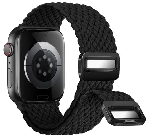 Nepfaivy Geflochtenes Armband Kompatibel mit Apple Watch Armband 40mm 41mm 38mm 42mm, Nylon Elastisches Band mit Magnetischer Schnalle für iWatch Series 10/9/8/SE/7/6/5/4/3/2/1, Schwarz