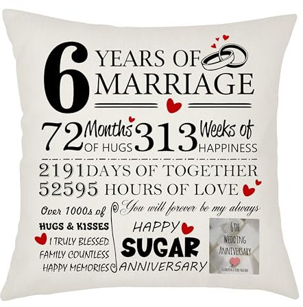 6th Wedding Anniversary Sugar Anniversary Cushion Cover - Gift for Wife or Husband - 6 Years of Marriage Keepsake Present - Elegant 45x45cm Pillow Case (6 Years of Marriage)
