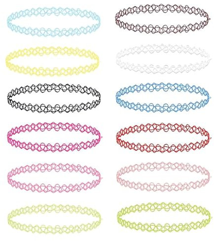 12 Pièces Collier Tatouage Ras Du Cou Colliers de Tatouage Colorés Ensemble Mignon Fleur Colliers Style des Années 90 Arc-en-Ciel Élastique Collier Ras du Cou