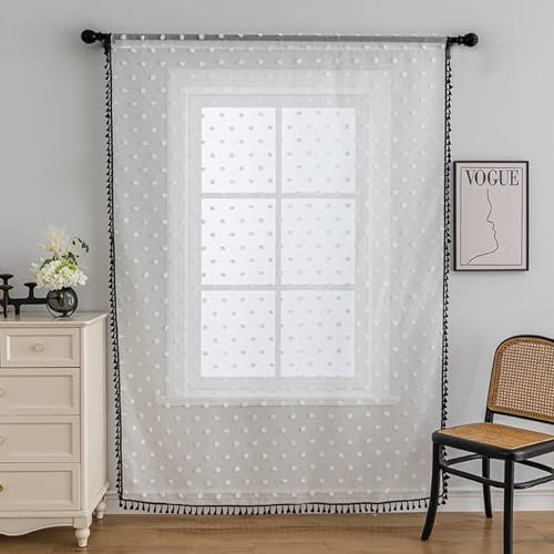 Mesnt Halbtransparente Gardinen Vorhänge, Voile-Vorhänge mit Punkten und Bommeln für das Wohnzimmer, Weiß Schwarz, 150 x 180 cm