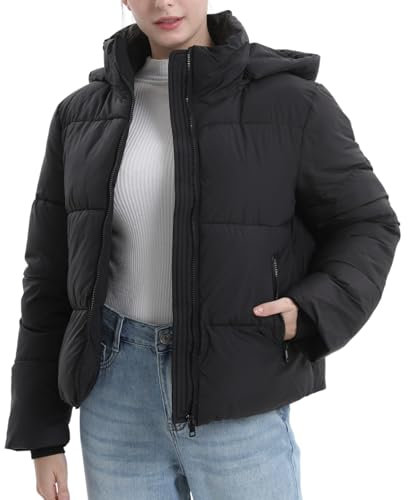 PUFFIT Doudoune courte pour femme, veste d'hiver chaude avec capuche amovible, poches zippées, manteau court matelassé pour femme, noir, X-Large