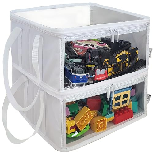 holay 2 Pack Foldable PVC Storage Bins with Transparent Lid & Handles, 12 x 12 x 6 Inch Organiser Boxes for Clothes, Toys & Books (White, Medium)