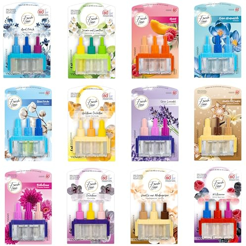 FRESH LINE® Duftstecker Nachfüller 6er Pack (3x7ml) – 3-Phasen-Wechsel – komp. zu 3VOLUTION – Lufterfrischer – 6 Düfte: Wildbeeren, Jasmin Limetten, Aprilfrisch, Goldene Orchidee, Vanille, Orchideen