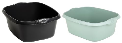 TENLITE Combo Colour Of High Grade Plastic Rectangular Washing Up Bowl with Integral Handle 12L Capacity 39 x 32 x 16cm Basin Sink Tidy Organiser For Home & Kitchen - (Midnight Greyish, Silver Sage)