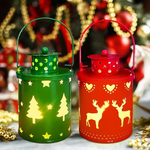 2 Stück Weihnachtslaterne, Laterne Weihnachten, Weihnachtsdeko Laterne, Windlicht Tischdeko Kerzen, Retro Eisen Lampe, Flammenlose Weihnachtskerzen Lichter zum Tragen, Aufhängen oder als Tischdeko