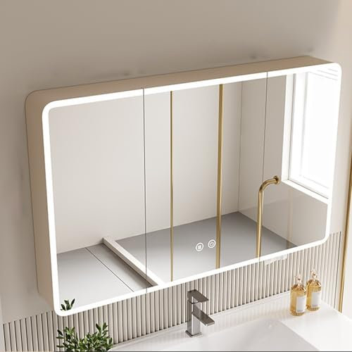 Armoire de Toilette à LED Armoire Salle de Bain Miroir Armoire de Toilette avec Anti-buée LED Blanc Froid/Chaud/Neutre avec Interrupteur Tactile Grand Espace de Rangement Meuble Salle de Bain Salon