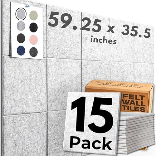 Filz-Wandfliesen, große Korktafel, Alternative – 15 Stück, 30 x 30 cm, Korktafel, große Pinnwand, Wandpaneele, anpassbare Pinnwand, Reißzwecken für die Wand + Kleber im Lieferumfang enthalten (Grauer)