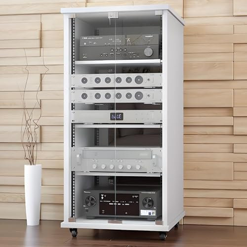 YQMHEZ Medienständer, mehrstufiges Audio-Rack mit Schublade, Stereo-Schrank, CD-Rack, moderner AV-Schrank mit Glastüren, mit höhenverstellbarem Regal und Rollen for Heimkino(Wit,22 x 23.6 x 48)