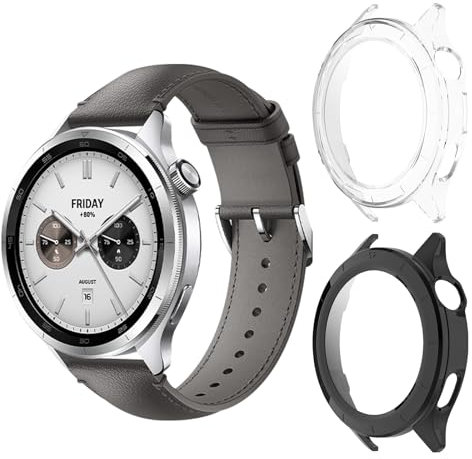 Aerku Custodia Compatibile per Xiaomi Mi Watch S4/Xiaomi Watch S4 eSIM, [Con Vetro Temperato] 9H HD Anti-Graffio Custodia Protettiva Telaio Rigida PC Cover Protezione - Trasparente&Nero