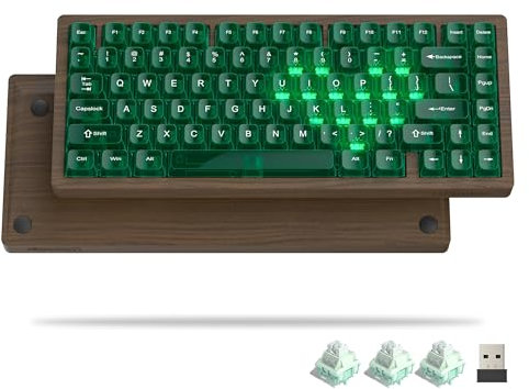 Womier 75% Keyboard with QMK/VIA, WD75 Wood Gaming Keyboard 8000mAh Battery, Tri-Mode Wireless Mechanical Custom Key Board RGB Hot Swappable with Translucent Clear Keycaps-POM Linear Switch