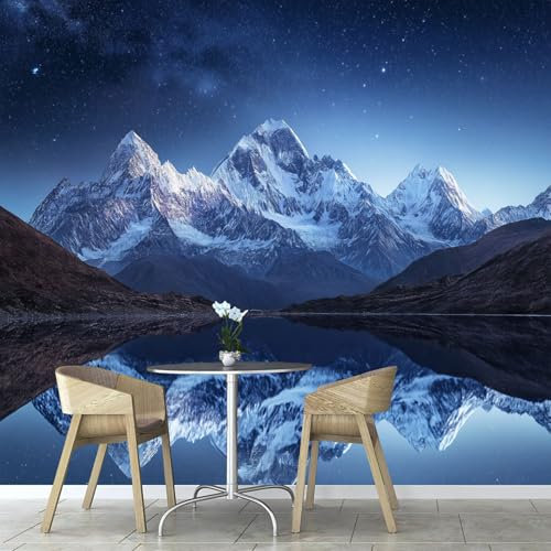 Fototapete Sternenhimmel Schneebedeckte Berge 3D Effekt 150×105cm,See Foto Tapete Wohnzimmer Schlafzimmer Flur Modern Wand Dekoration Tapete Wandtapete