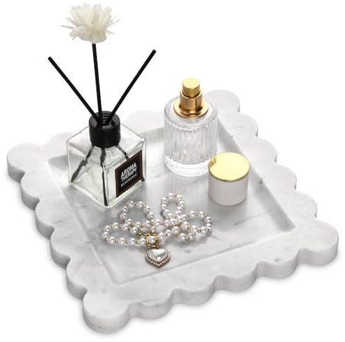 Square Marble Decorative Tray with Scalloped Edge,Luxury Natural Italian Stone Bathroom Vanity Tray, Dresser Top Perfume Coffee Home Sink Tray, Key Trinket Ring (Carrara White, 8 * 8)